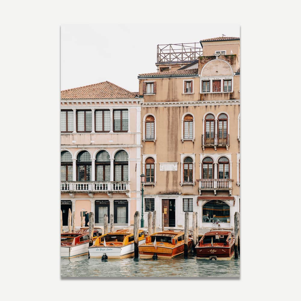 Venice Grand Canal wall art with four taxi boats and pastel buildings – exclusive Italian decor celebrating Venetian life and charm.
