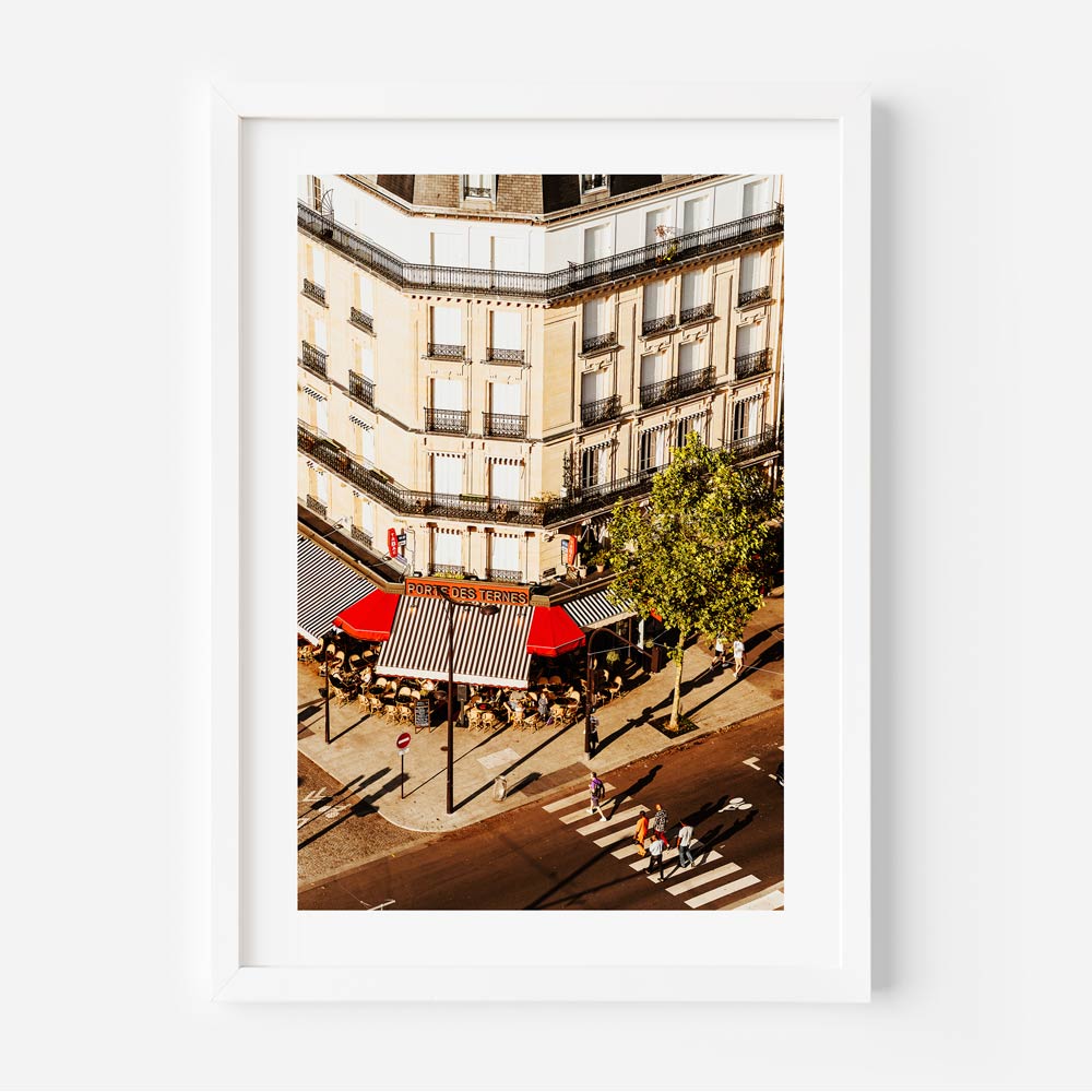 Quiet Paris café captured in afternoon sunlight, perfect wall art for home decor and kitchens.
