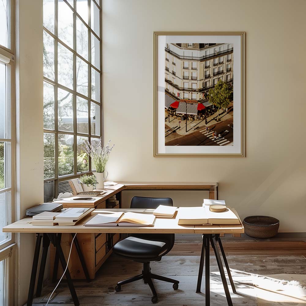 Serene Parisian afternoon with sunlight streaming onto empty café tables, ideal for breakfast nook decor.
