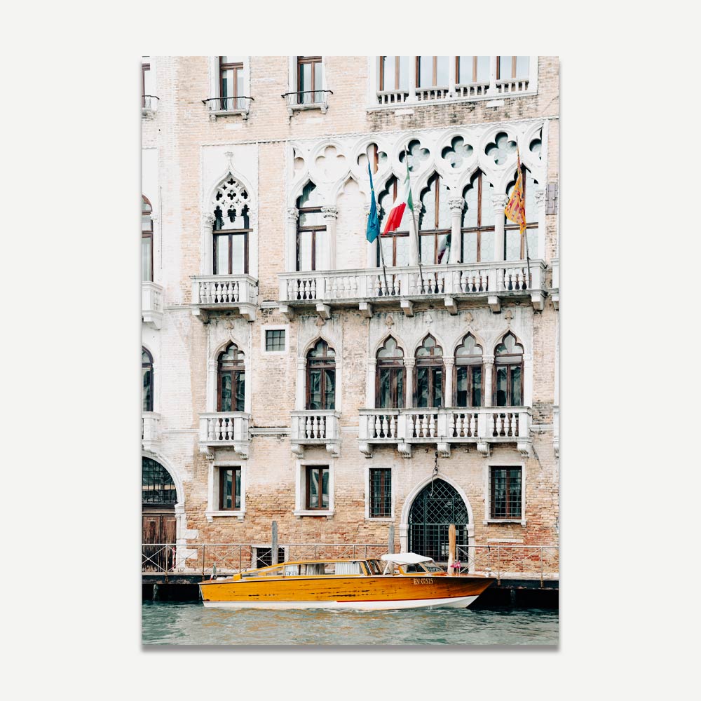 Venice wall art featuring taxi boat and beige building on the Grand Canal – elegant Italian decor from the Venice Collection.