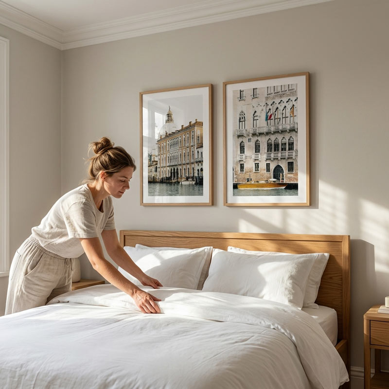 A woman in a light beige linen outfit is adjusting white bedding on a wooden bed frame in a sunlit bedroom. Two framed prints depicting Venetian architecture hang on the beige wall above the bed.