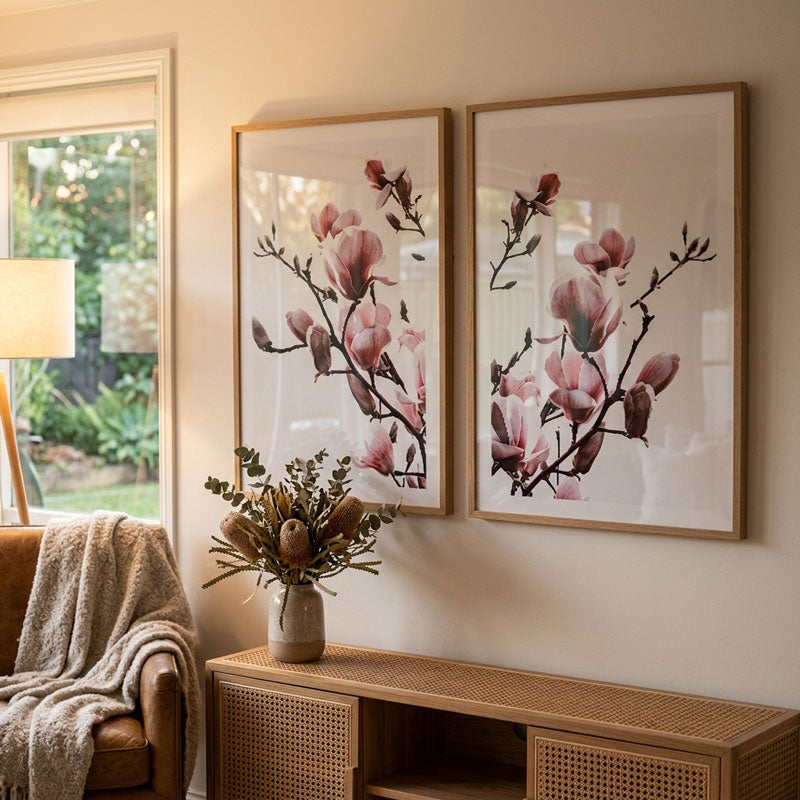 Two framed floral prints on a wall above a wooden console table with a vase of flowers.