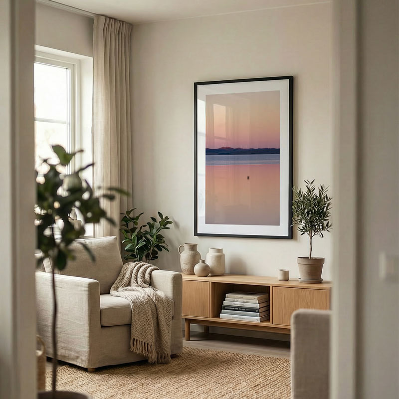 Living room with a sofa, coffee table, and wall art