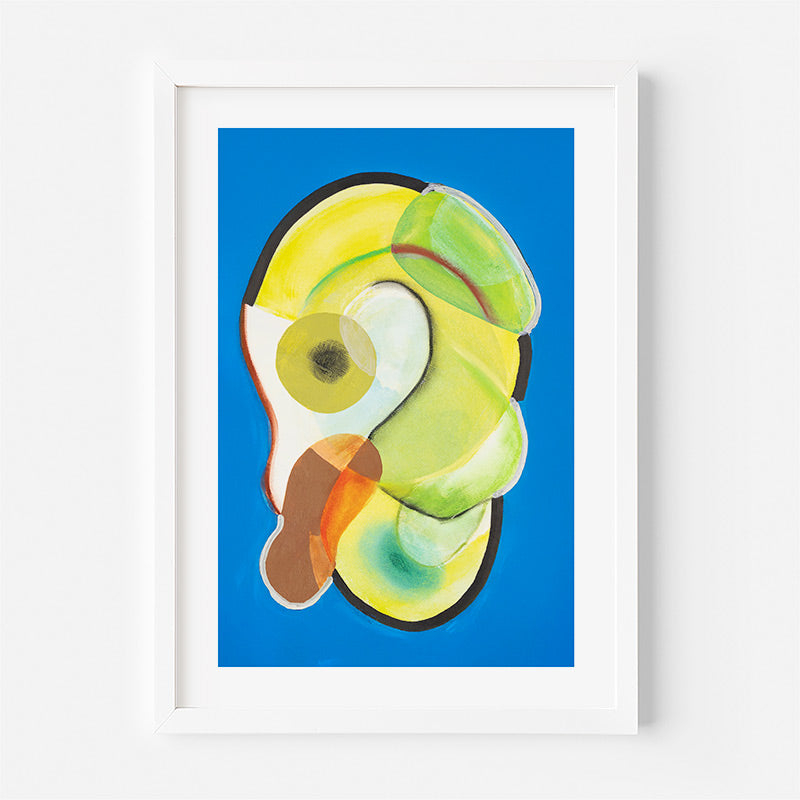 Framed artwork of a stylized avocado on a blue background