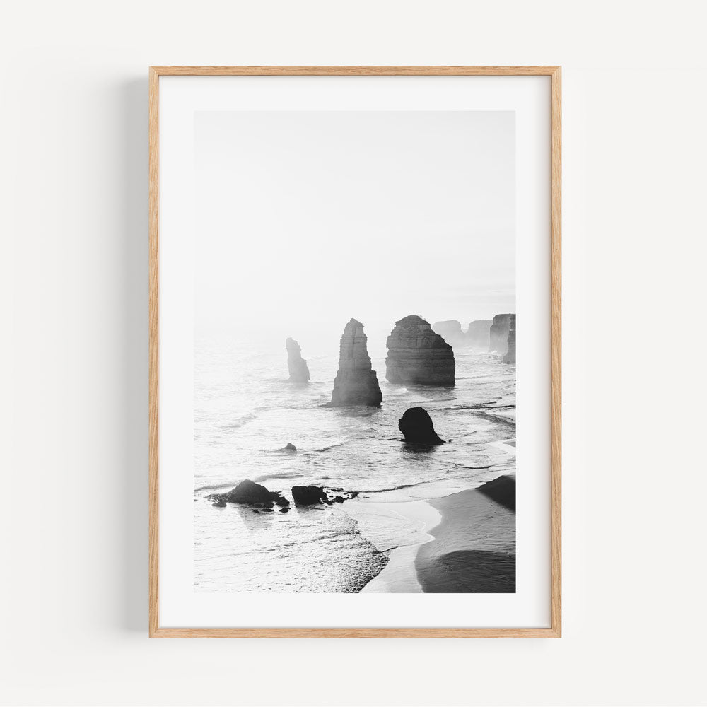 Iconic black and white silhouette of the 12 Apostles, Australia - Enhance your space with modern wall art.