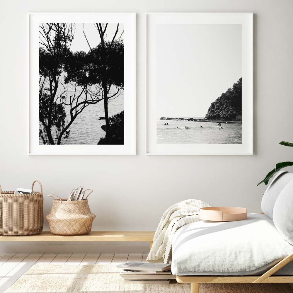 black and white scene of Palm Beach surfers - Ideal for canvas prints and wall decor.