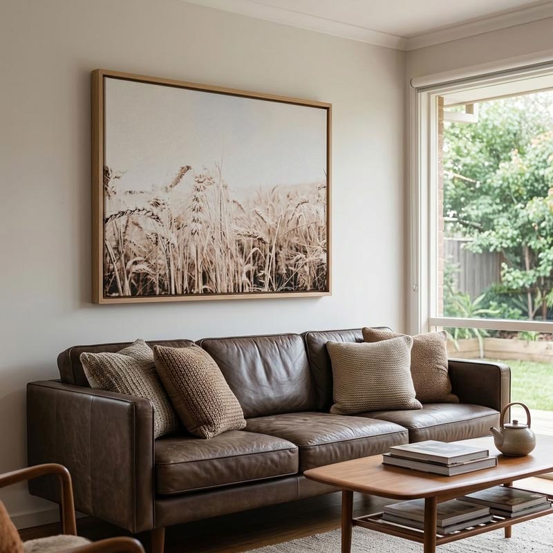 A large framed art print depicting a field of wheat in warm beige and brown tones, hung on a light beige wall above a brown leather sofa in a modern living room setting.