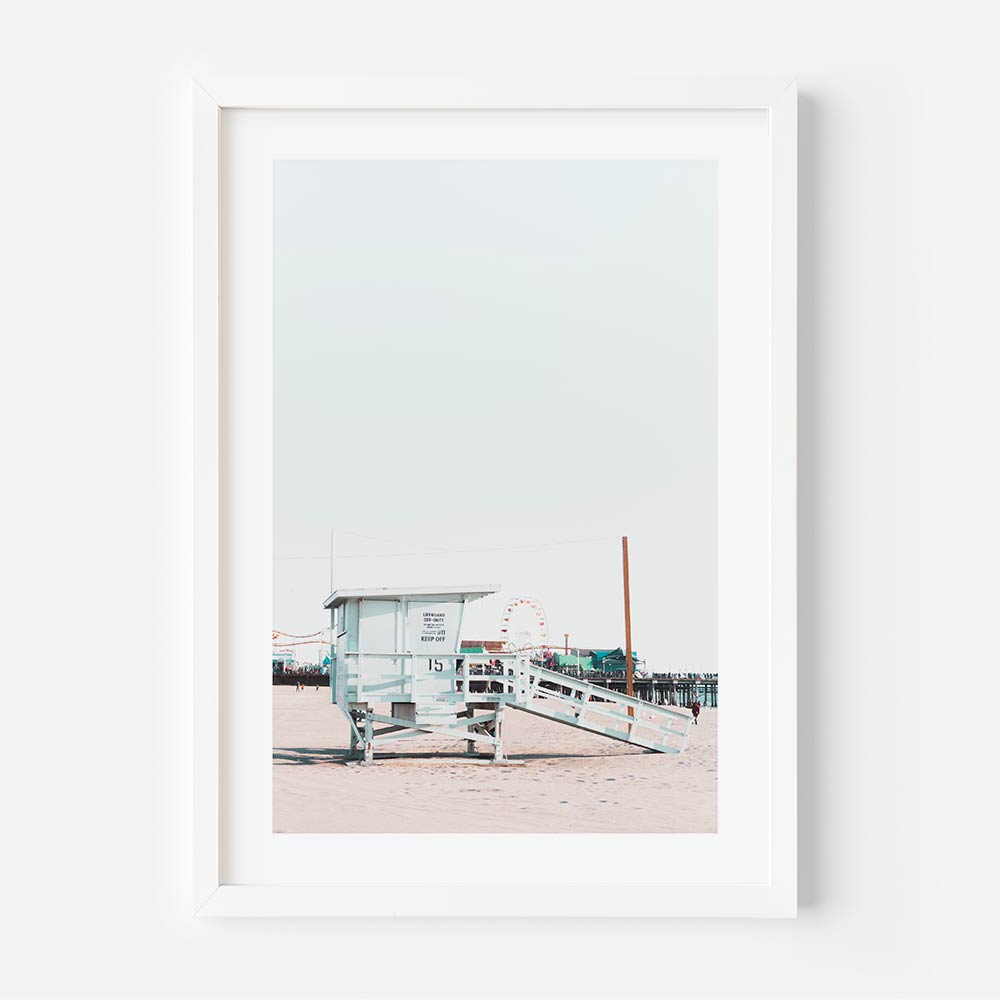 Lifeguard hut at Santa Monica Beach, California - perfect for wall art and modern artwork prints.
