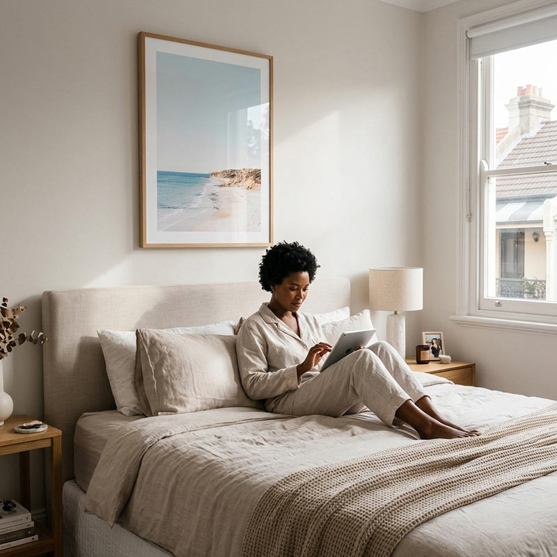 A woman in beige pajamas relaxes on a neatly made bed in a bright, modern bedroom, holding a tablet. A large framed beach print hangs on the wall above her, and a window with daylight streaming in is visible on the right.