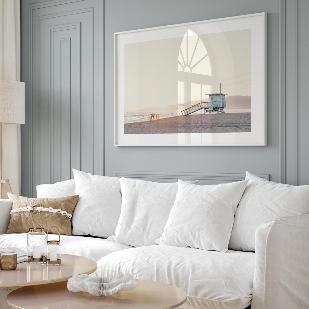 Serene Blue Beach Hut wall artwork featuring Santa Monica beach, adding a modern artwork touch to any space.