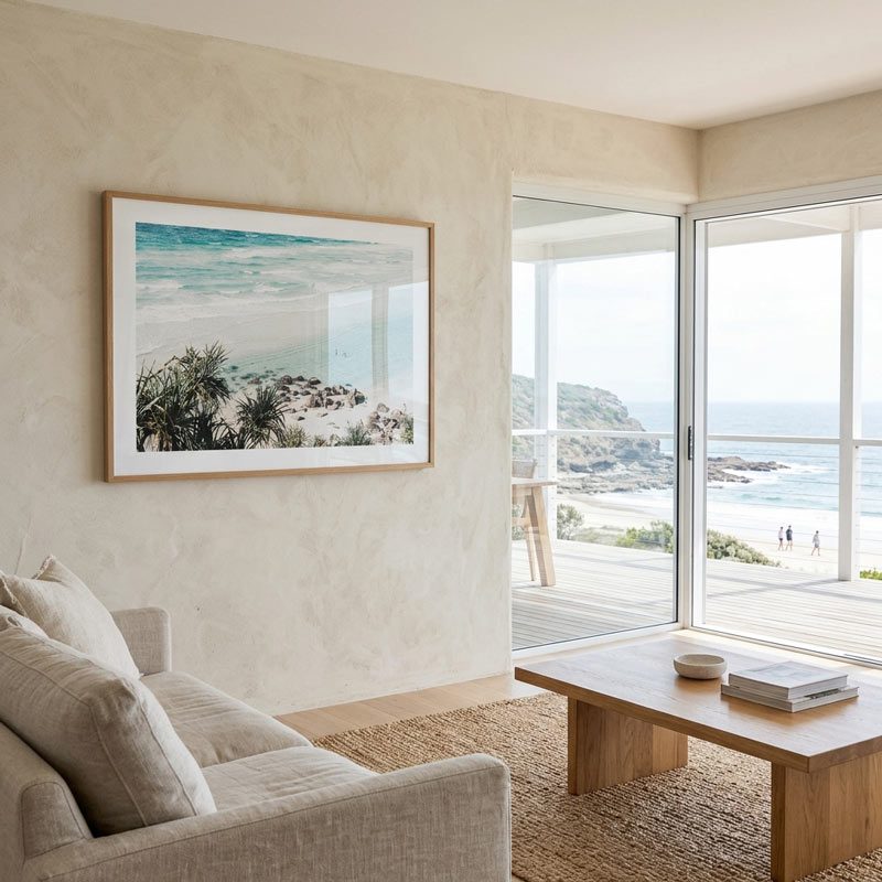 A framed beach landscape print hangs on a textured beige wall in a modern living room with a sofa, coffee table, and large glass doors overlooking the ocean.