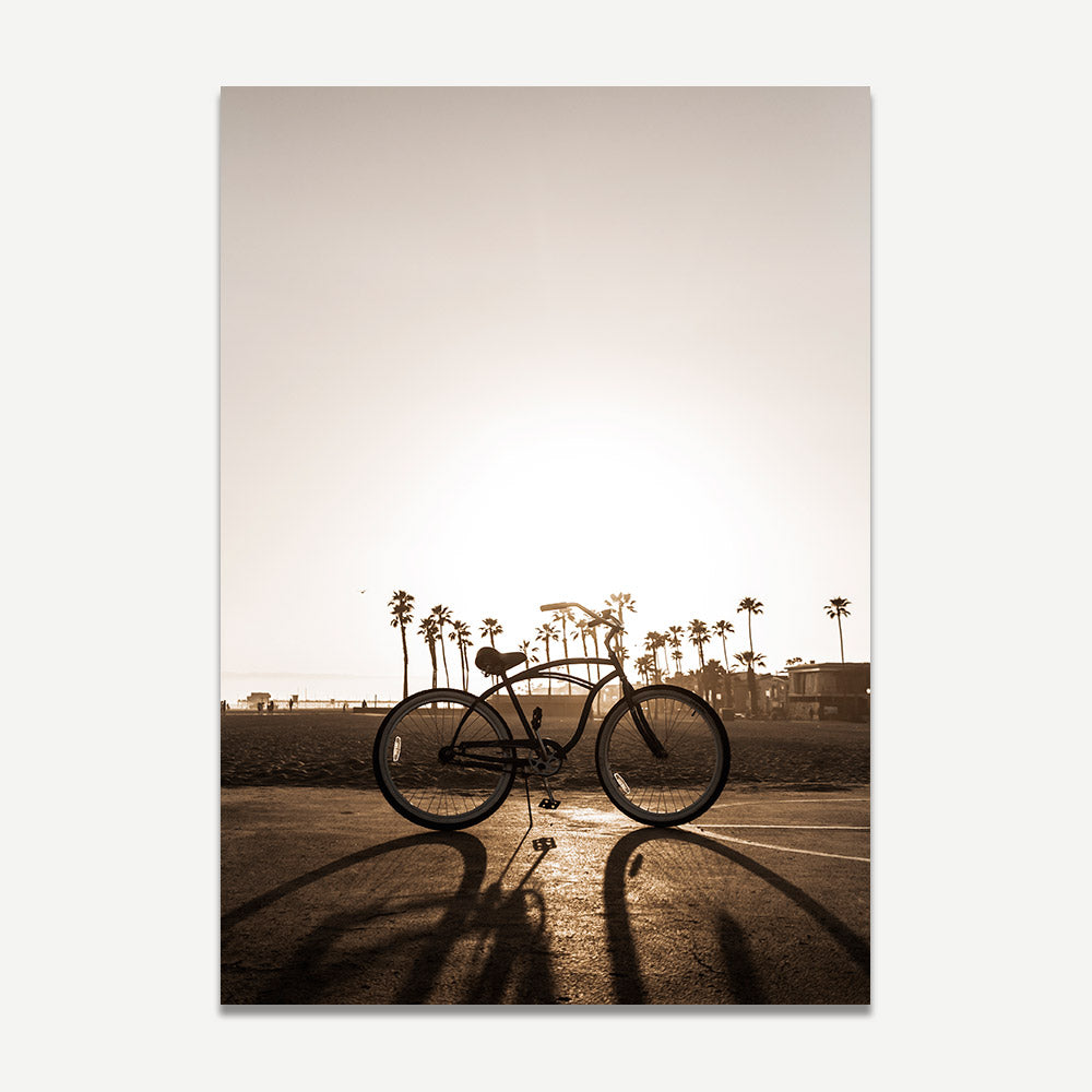 Framed wall art of a bicycle in California, sunlight piercing through - ideal for home or office decoration.