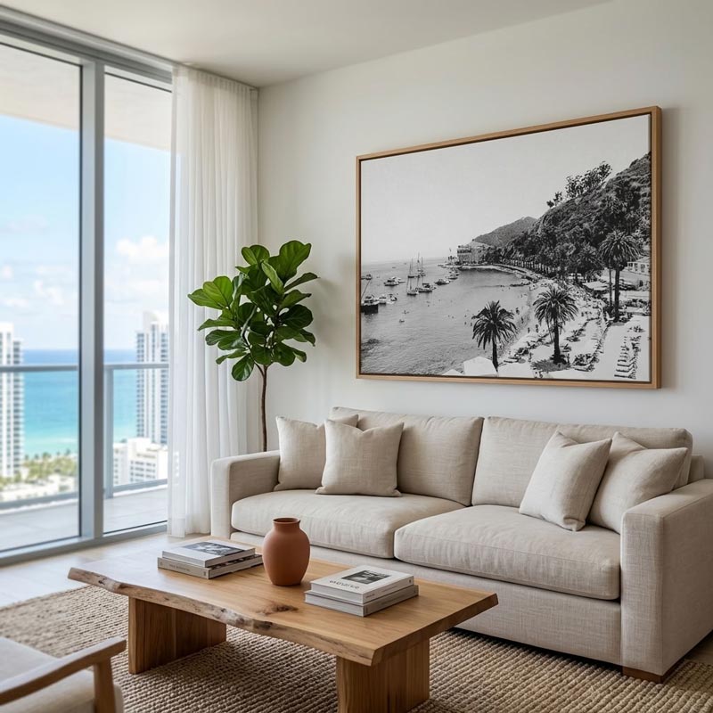 A large framed black and white coastal landscape print hangs on a white wall above a light beige fabric sofa in a bright modern living room with a wooden coffee table, potted plant, and ocean view through large windows.