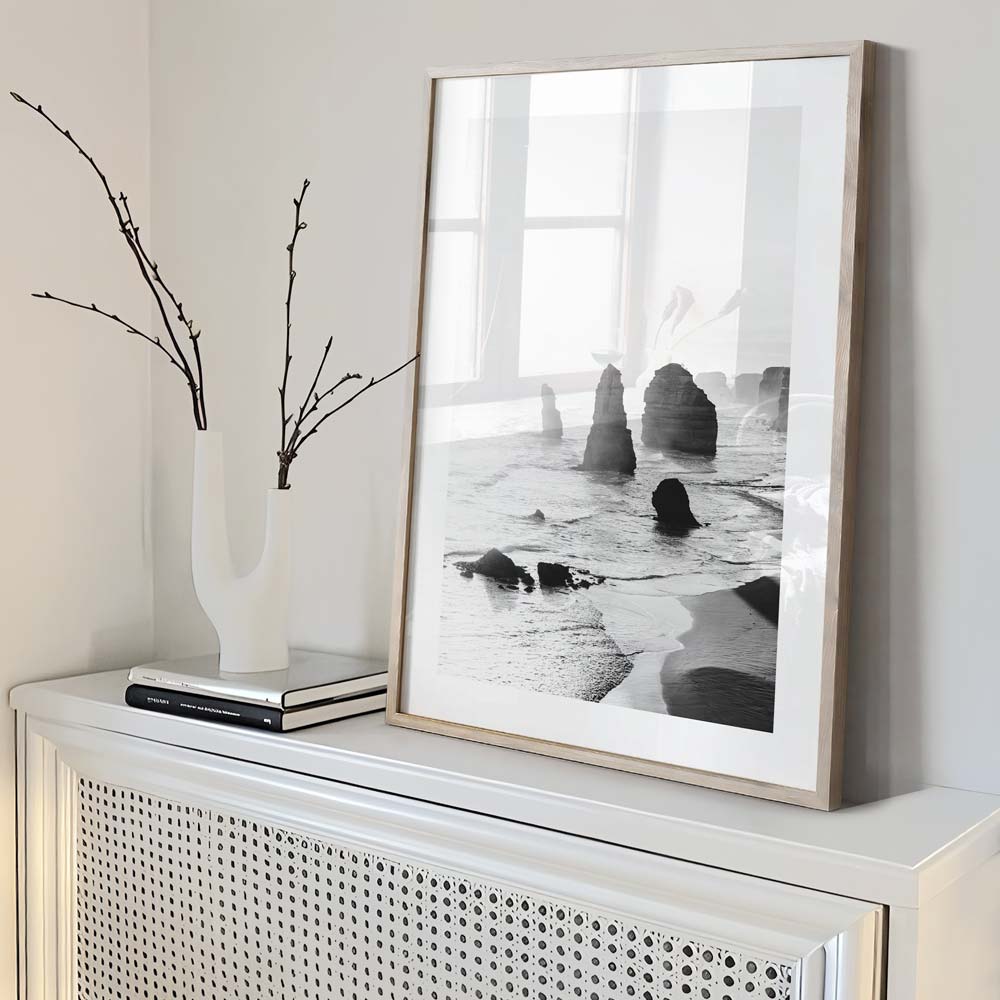 Serene black and white scene of the 12 Apostles, Great Ocean Road, Australia - Ideal for enhancing your wall decor.