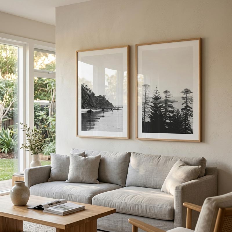 Two framed black and white landscape art prints hang on a beige wall above a light gray fabric sofa in a modern living room setting.