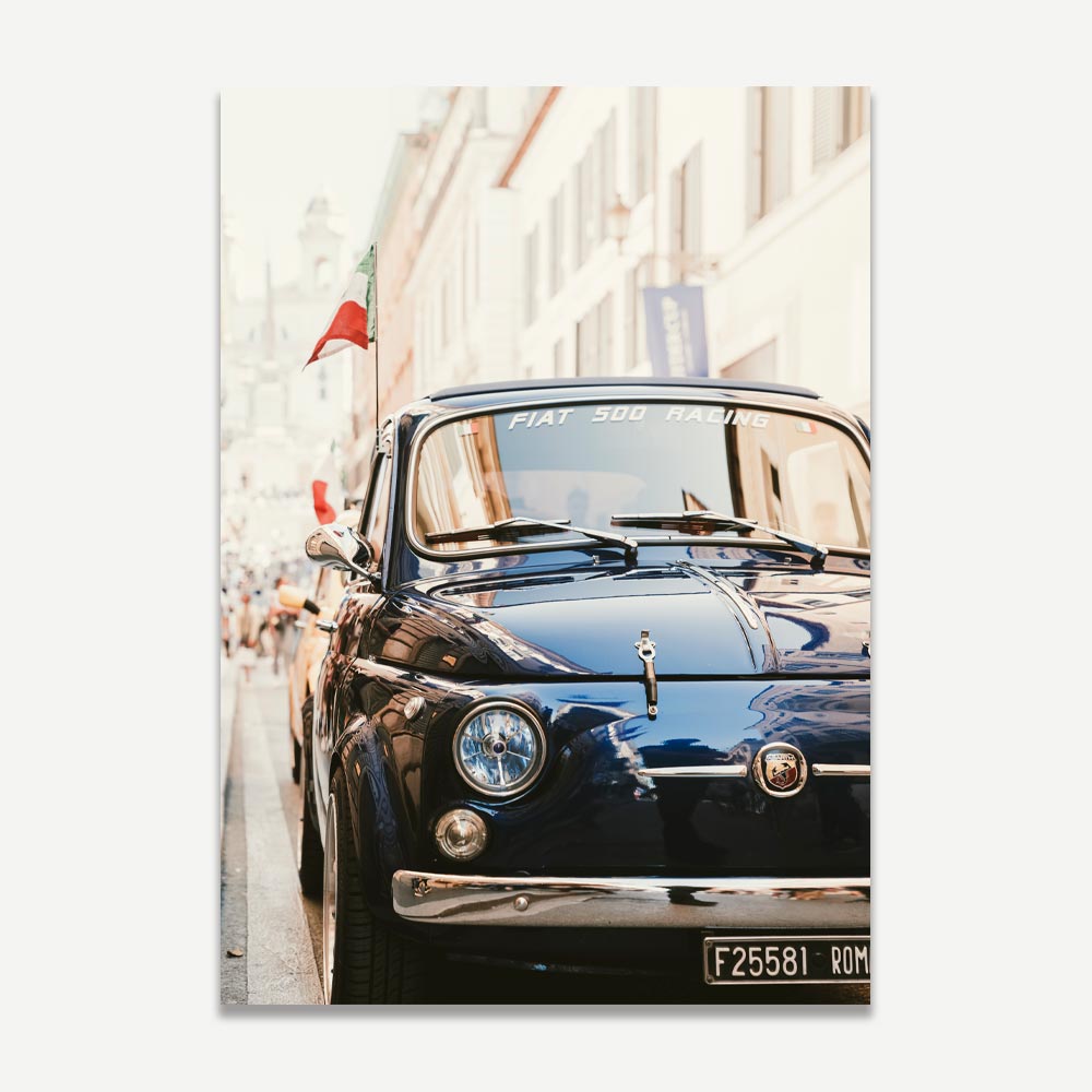 Vintage blue Fiat with Italian flag near Spanish Steps – stylish Italian wall art for timeless charm and wanderlust-inspired home decor.