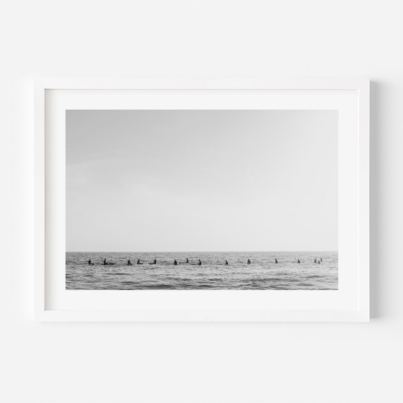 Framed black and white photograph of a landscape with a white border