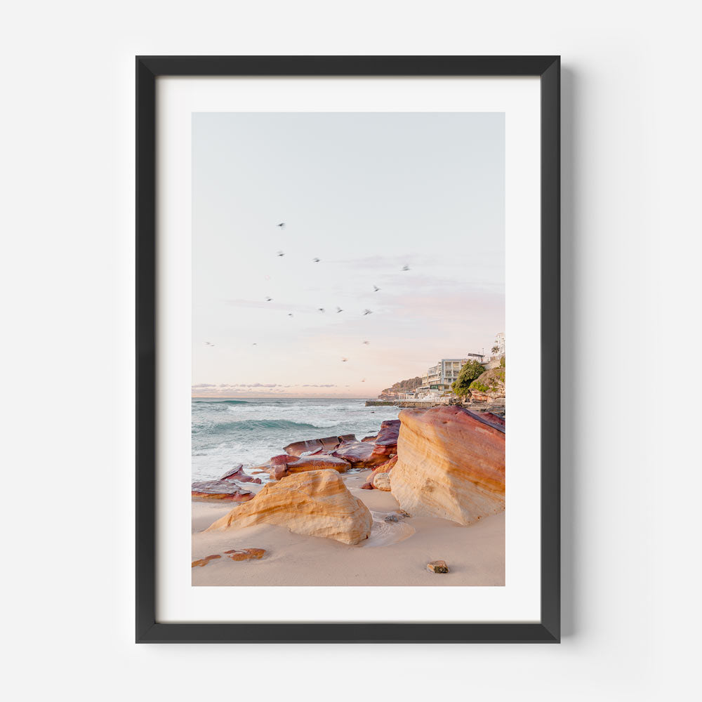 Beach photo with birds flying, morning at Rocks Bondi Beach Australia, Black framed wall art.