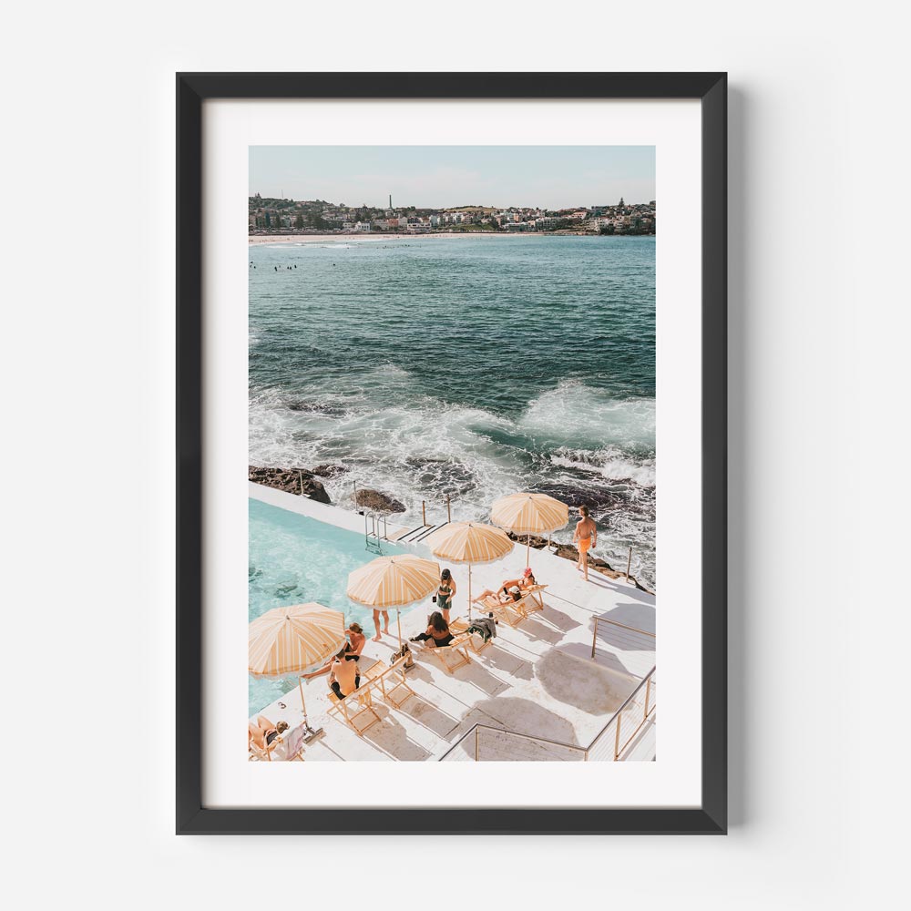 Coastal artwork showcasing Bondi Icebergs pool, sunny accents, and refreshing ocean tones for home decor.