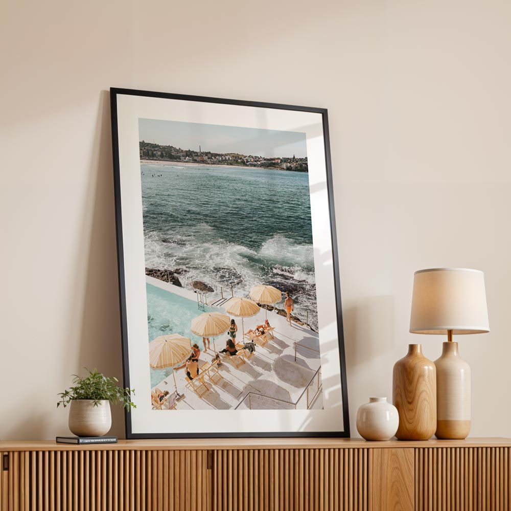 Summer-inspired canvas print of Bondi Icebergs, perfect for lounge room wall art or modern home decor.