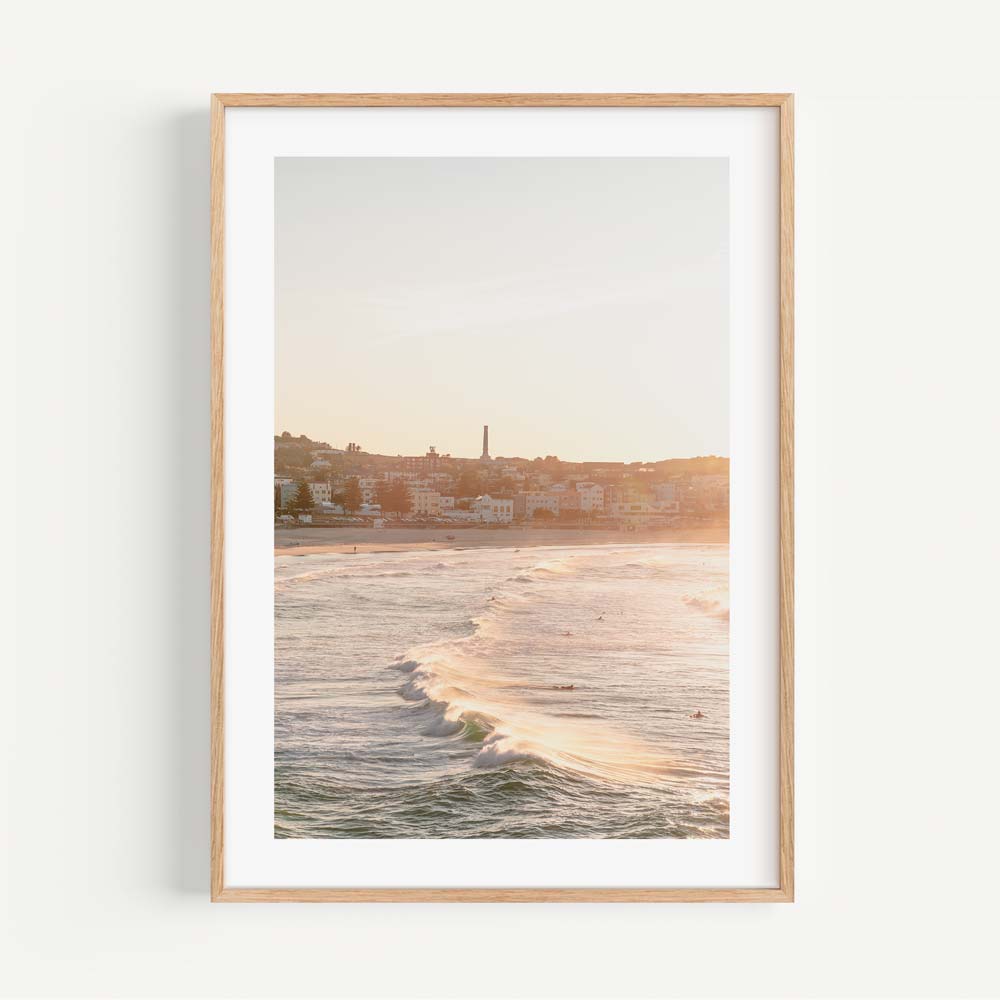 Ocean waves and sandy Bondi beach photo in Golden frame - wall artwork
