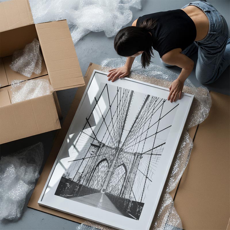 Person unpacking a framed black and white artwork from cardboard boxes on a gray floor.