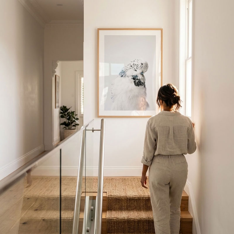 A woman in beige clothing stands on a staircase landing looking at a large framed art print of a white spotted cat hanging on a white wall.