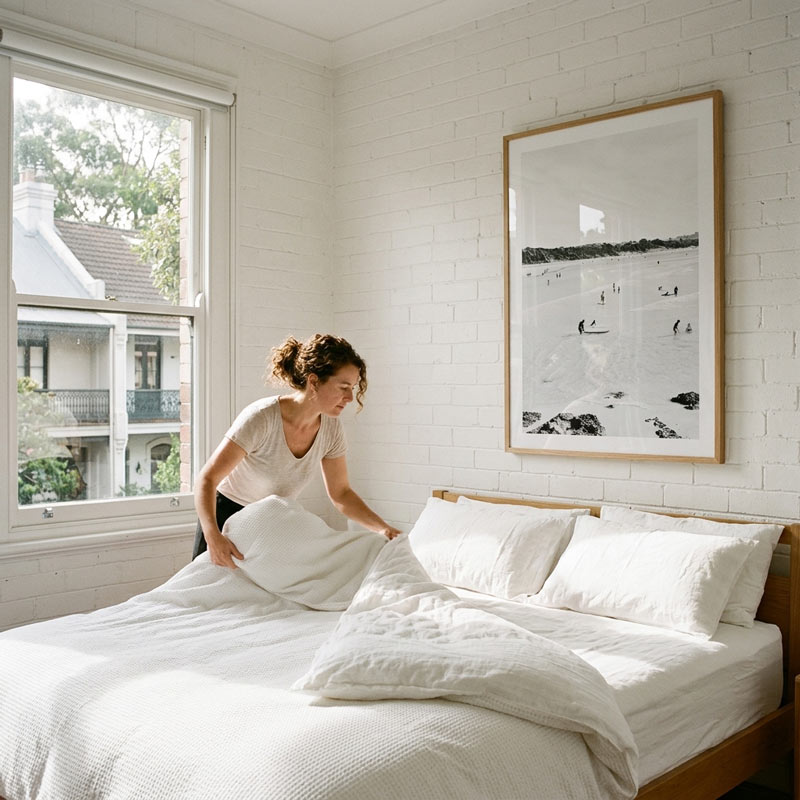 A woman in a white top and black bottoms is making a bed with white bedding in a bright, modern bedroom with white brick walls and a large framed black and white print.