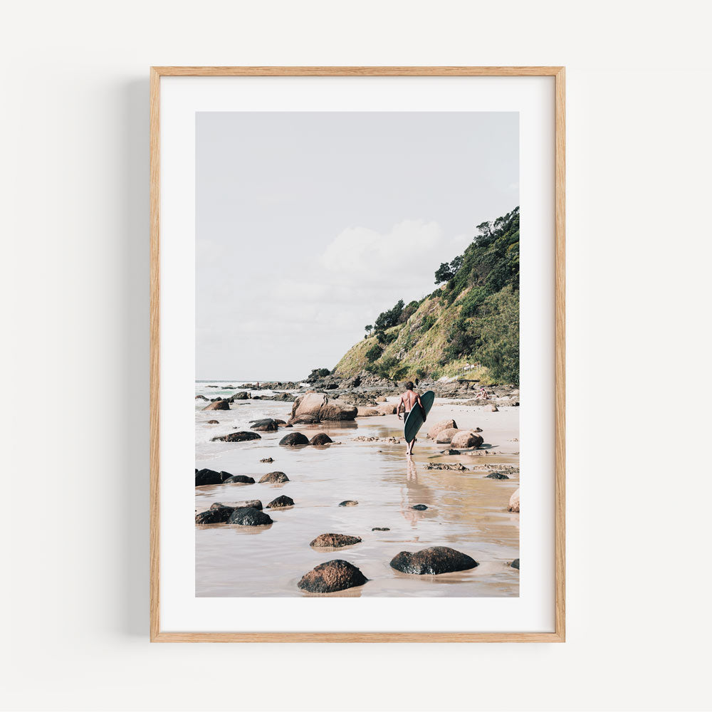 Delve into the artistic charm of Byron Surfer, a masterpiece capturing the essence of Byron Bay, Australia, in this fine art print.