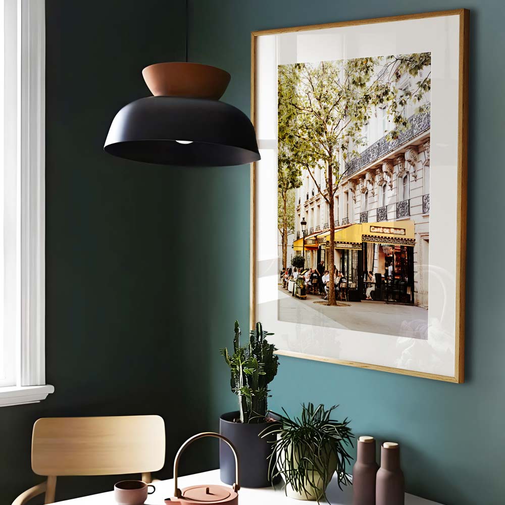 Parisian café culture artwork featuring classic bistro seating, perfect for kitchen or dining room wall decor.
