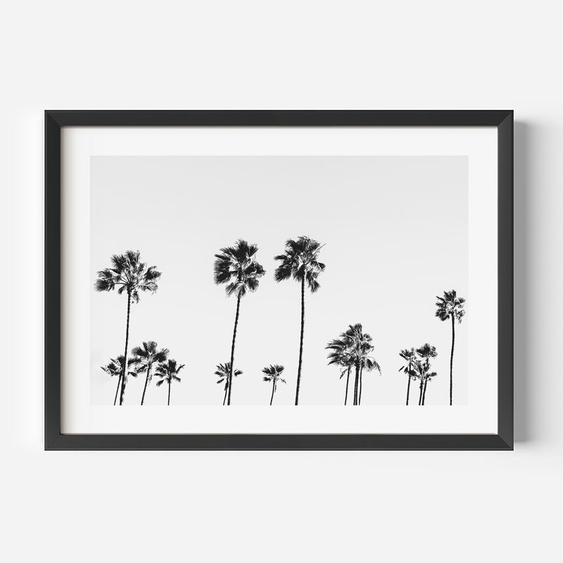 Black and white palm trees on white background in black frame - wall art decor for homes and offices by Oblongshop.