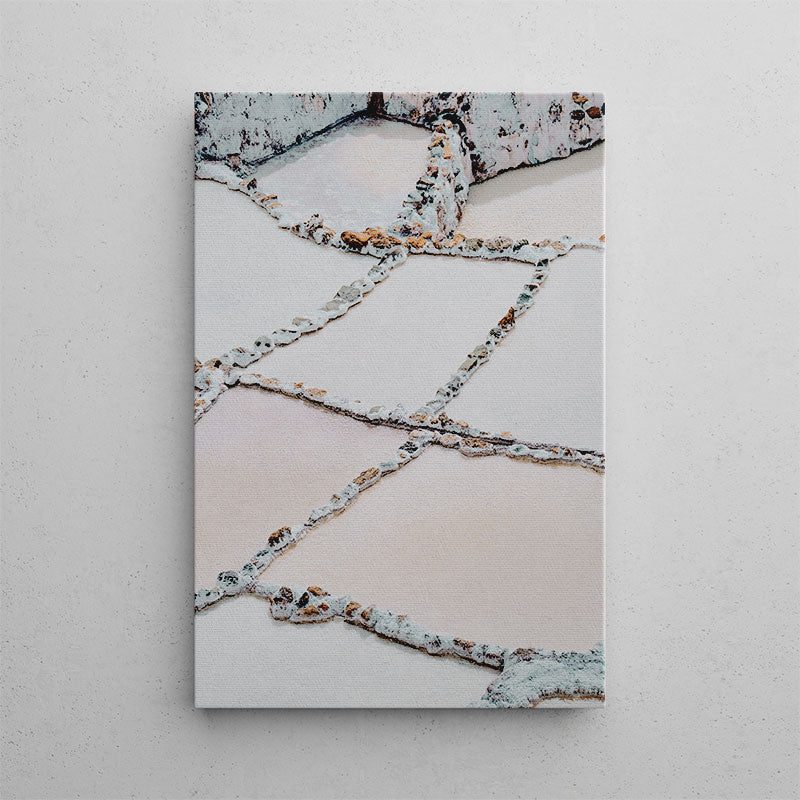 Abstract art print of a textured surface with geometric patterns on a light gray background