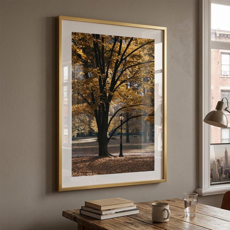 Central Park New York wall artwork showcasing a big tree with vibrant yellow leaves, perfect for home decor.