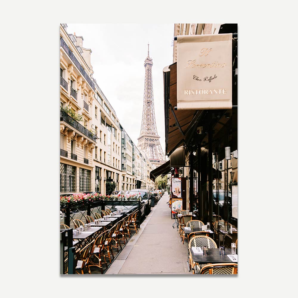 Paris street view with the Eiffel Tower rising above Rue de Monttessuy, perfect for adding Parisian elegance to any room.