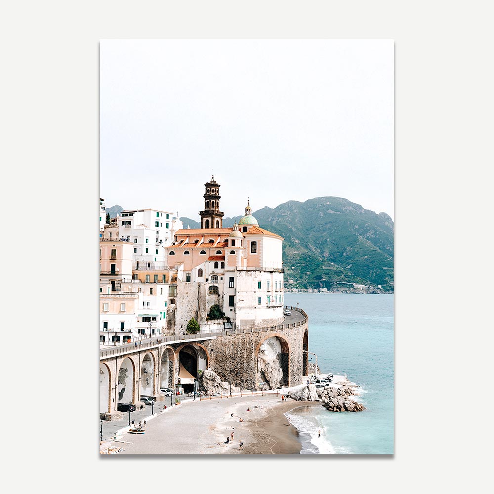 Wall art of Atrani’s cliffside homes on the Amalfi Coast in soft, desaturated tones. Atrani, Amalfi Coast - Scenic coastal village nestled between the sea and mountains.