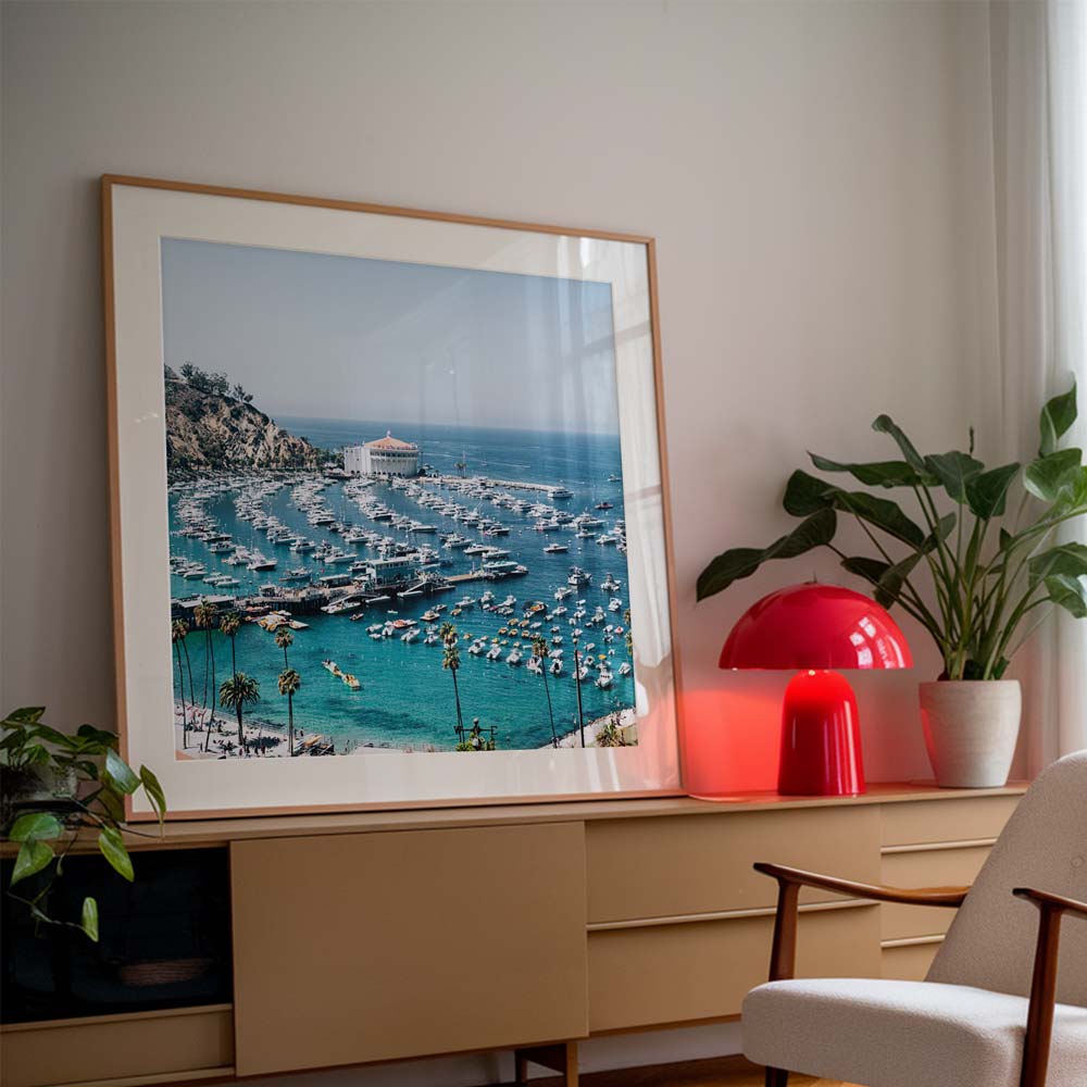 Wall art of boats docked in the ocean at Santa Catalina Island, California
