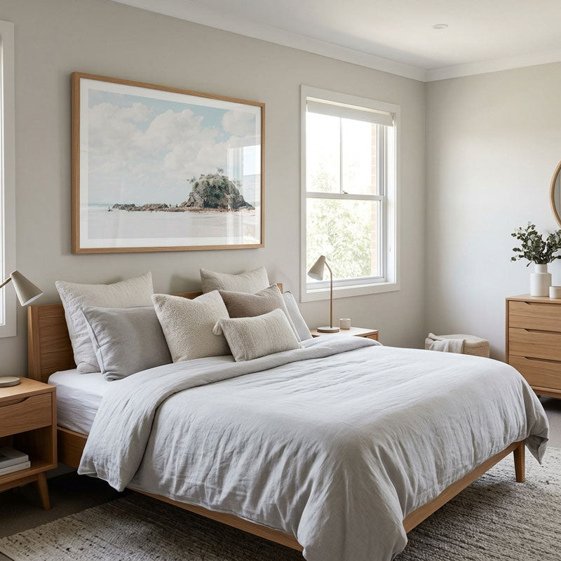 A styled bedroom interior featuring a light wood bed with white and beige linens, a large framed landscape print on the wall, bedside tables, lamps, and a dresser.