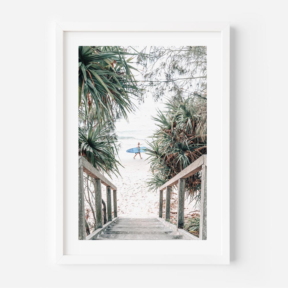 Original coastal wall art featuring a spontaneous moment of a surfer on the beach in Byron Bay