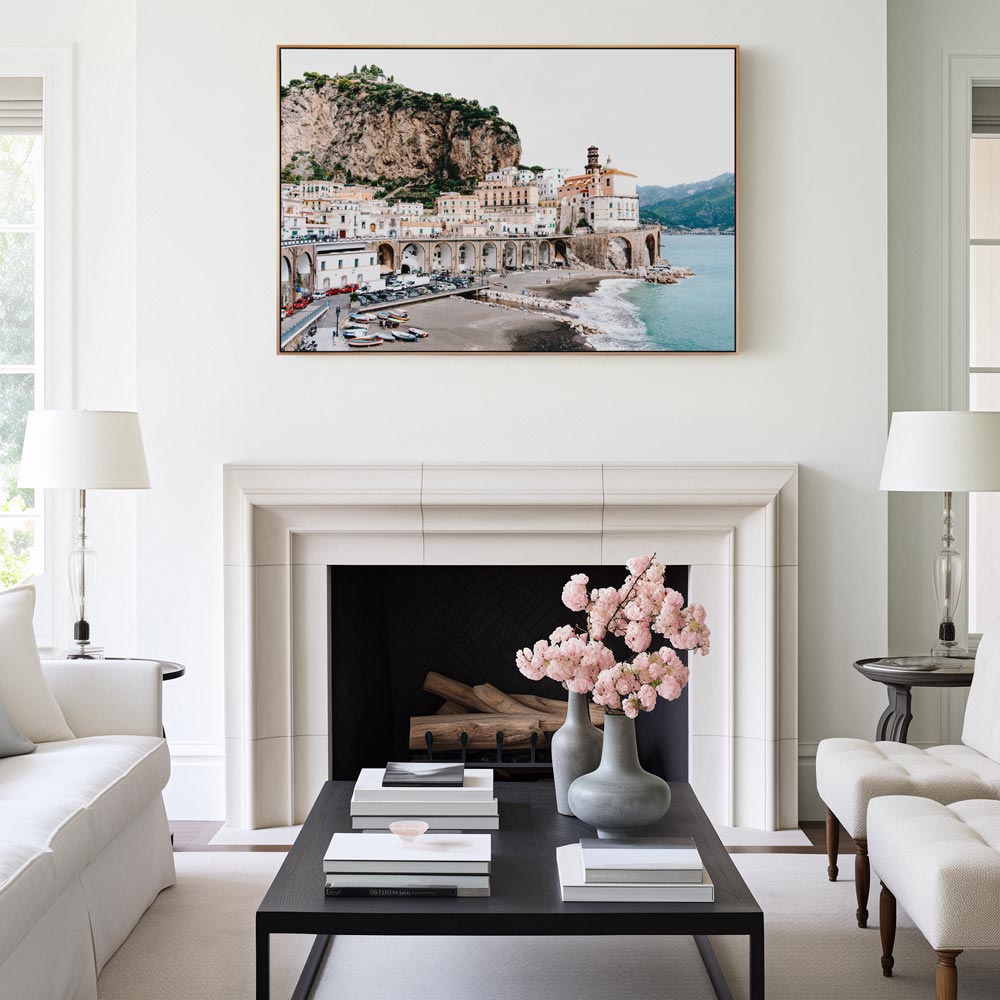 Stunning wall artwork featuring a beach and mountain captured in Atrani, Amalfi Coast, Italy.