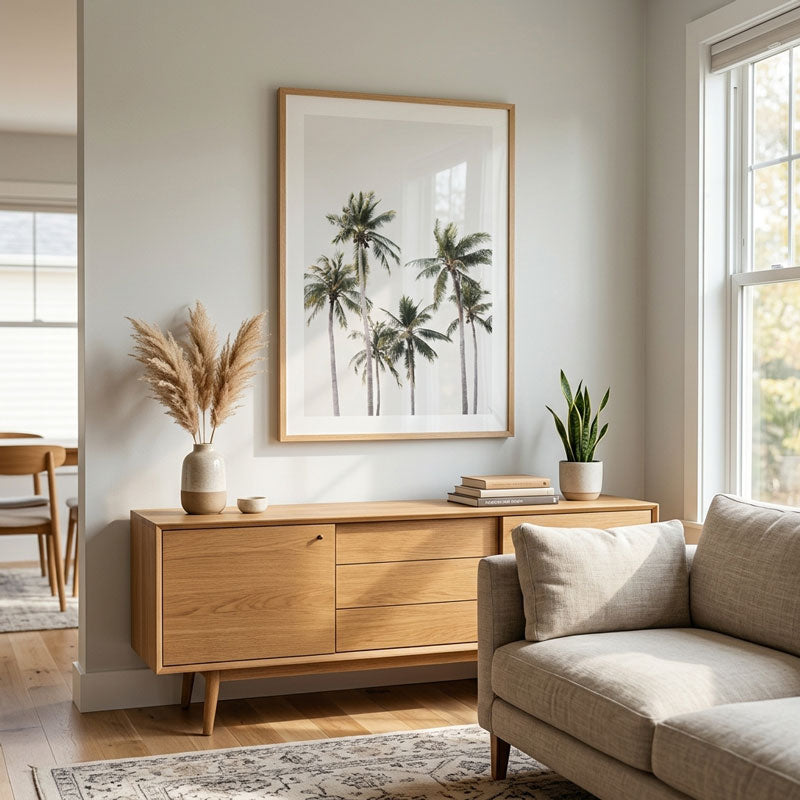 A framed botanical art print of palm trees hanging on a light gray wall above a mid-century modern wooden credenza in a bright, modern living room.