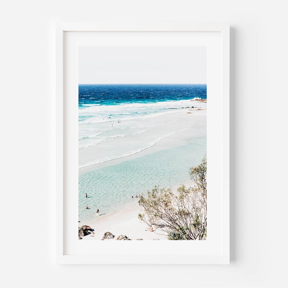 Desaturated photo of Rainbow Bay’s ocean shore, stunning framed coastal wall art for interiors


