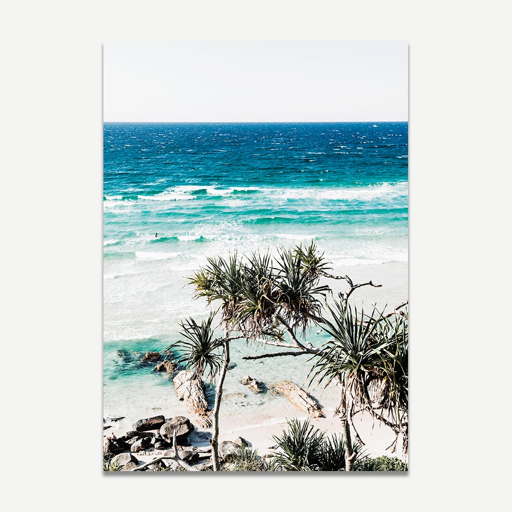 Rainbow Bay Beach art decor - Serene coastal landscape captured in a framed photo by Oblongshop.