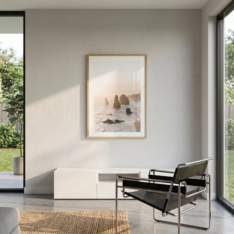 A framed vertical art print depicting a coastal scene with rocks under a warm sky, hung on a light gray wall in a modern living room setting with a black chair and white sideboard.