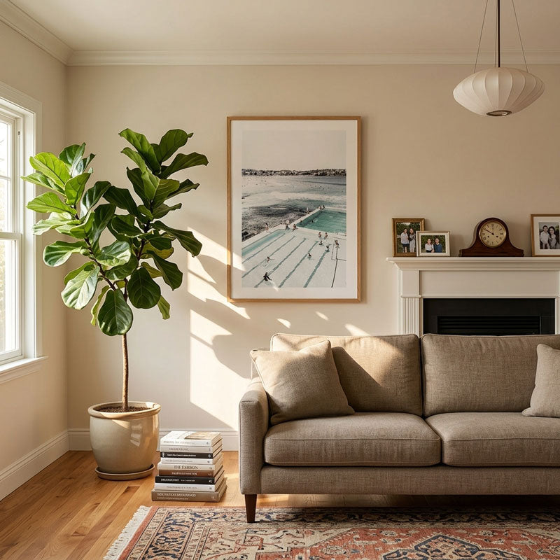 A styled living room scene with a beige sofa, a large potted fiddle-leaf fig plant, a framed art print on the wall, a fireplace mantel with framed photos and a clock, wood flooring, and a patterned rug.