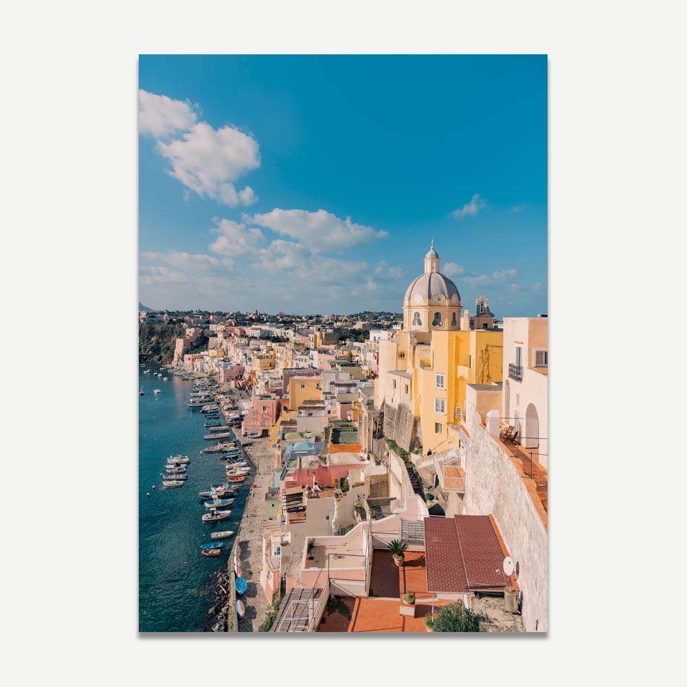 Marina Corricella wall art from Procida Island, featuring pastel buildings and peaceful marina – perfect Mediterranean decor for a serene home.