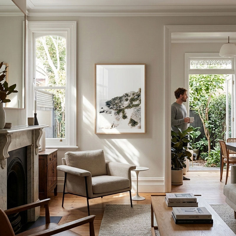 A man stands in a bright, modern living room doorway next to a fireplace, looking at a large framed abstract landscape print hanging on the wall.