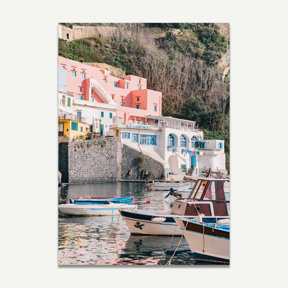 Due Ristoranti wall art with colorful cliffside buildings in a quiet Procida marina – coastal Italian decor for a tranquil home setting.