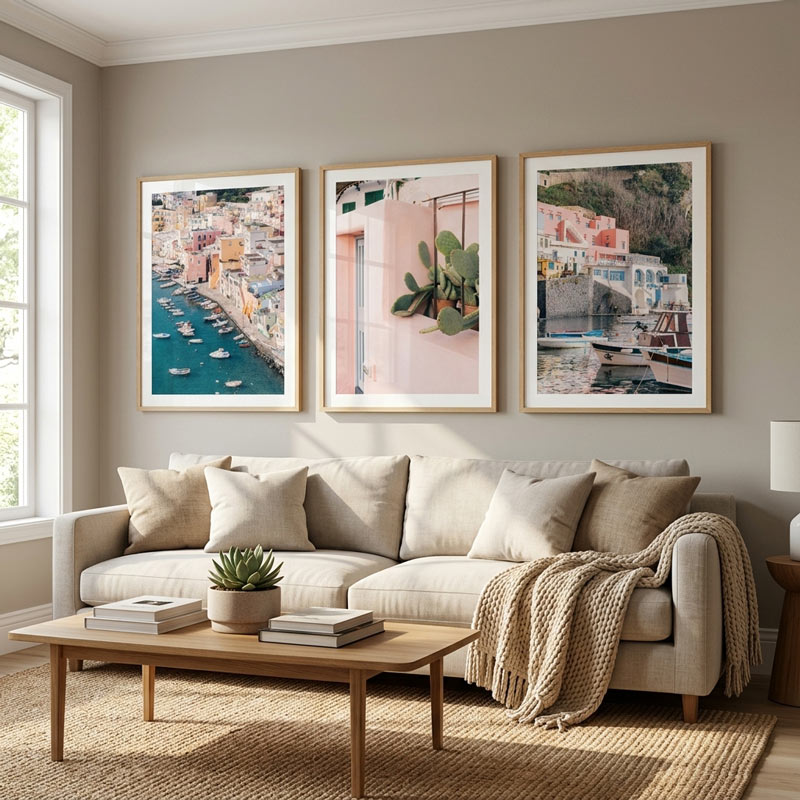 Three framed art prints depicting coastal scenes and architecture are displayed on a beige wall above a light beige sofa in a modern living room setting.