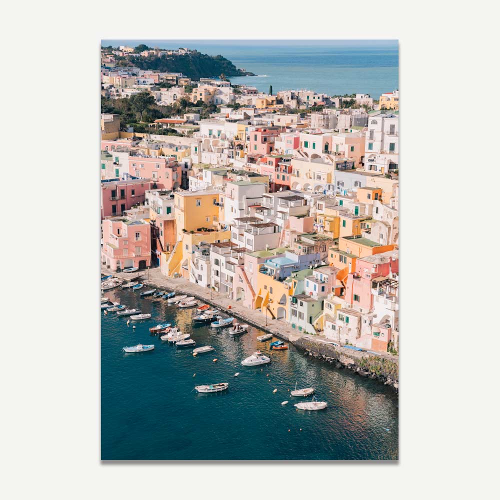 Aerial Shot of Procida, Italy fishing village wall art – unique coastal decor capturing the charm and history of this picturesque island.