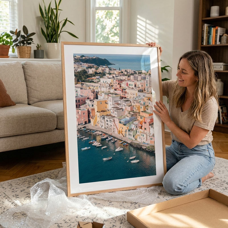 A woman kneeling on a patterned rug in a bright living room holds up a large framed art print depicting a colorful coastal town and harbor. The print has a light wood frame and white mat, and the room has a beige sofa, plants, and a bookshelf in the background.